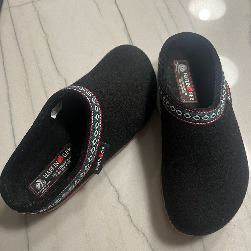 Haflinger Black Wool clogs with red & green trim-size 37 (6.5-7)